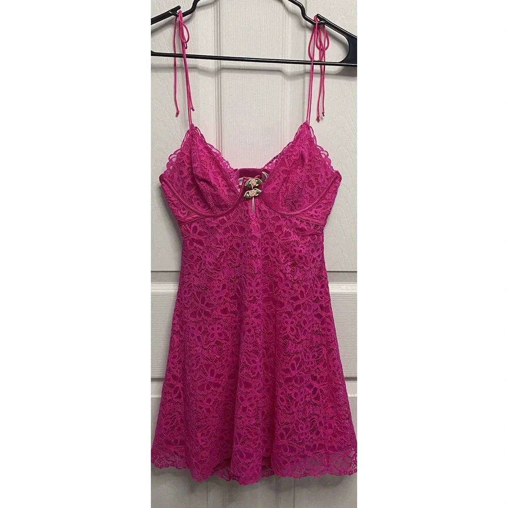 For Love&Lemons Women Hot Pink Lace Mini Dress Lingerie Victoria Secret M-EUC